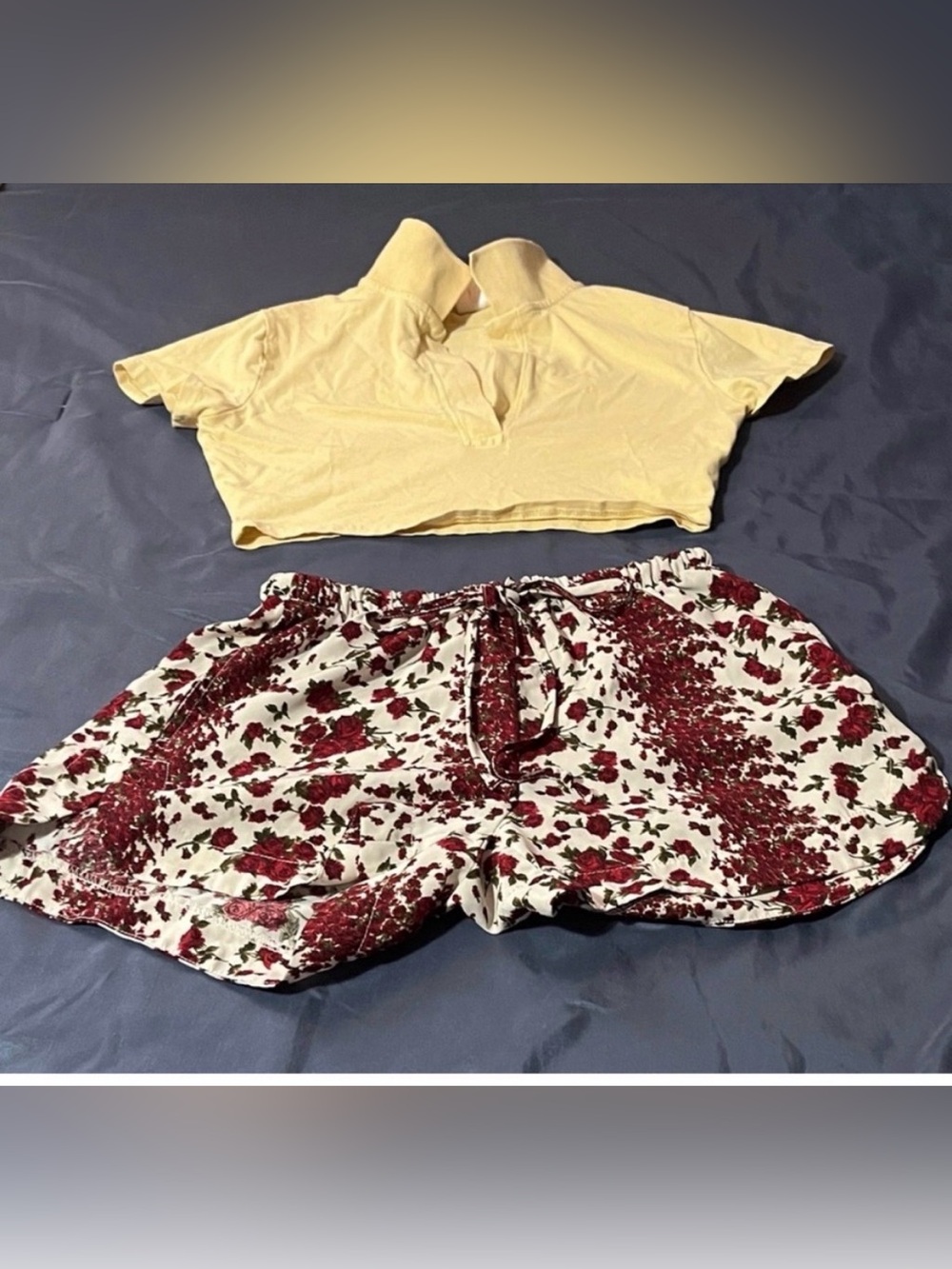 Yellow Cropped Polo Top with Short Sleeves and Floral Shorts